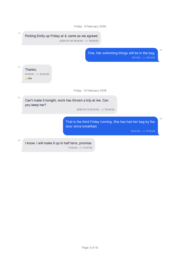 Página três de um PDF do ChatExport na Visão Conversa: balões com horário, confirmação de entrega e de leitura, uma reação e a numeração das mensagens