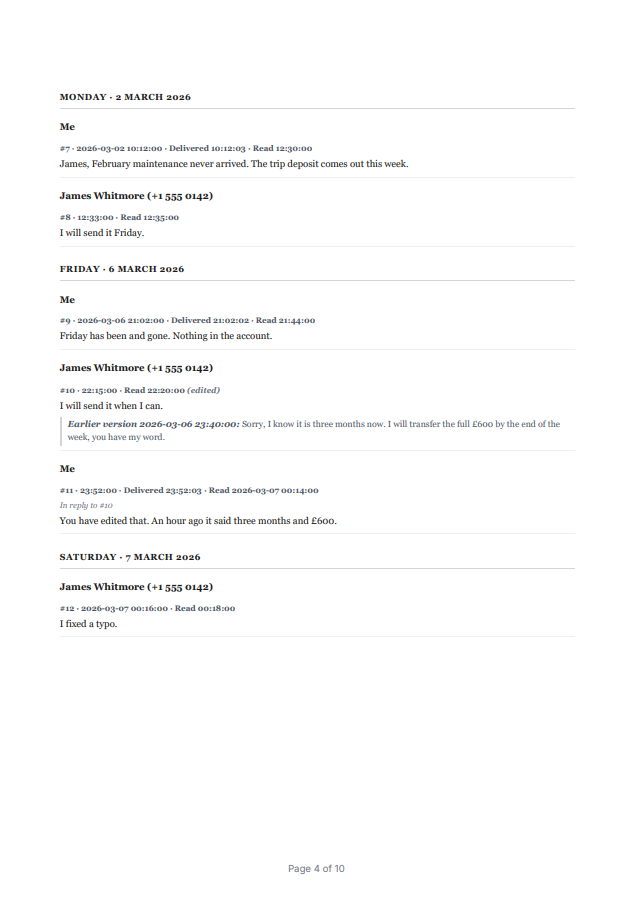 Página quatro de um PDF do ChatExport na Visão Judicial: uma transcrição datada com os números de quem enviou, horários de entrega e de leitura, e uma mensagem editada impressa acima do texto que ela substituiu