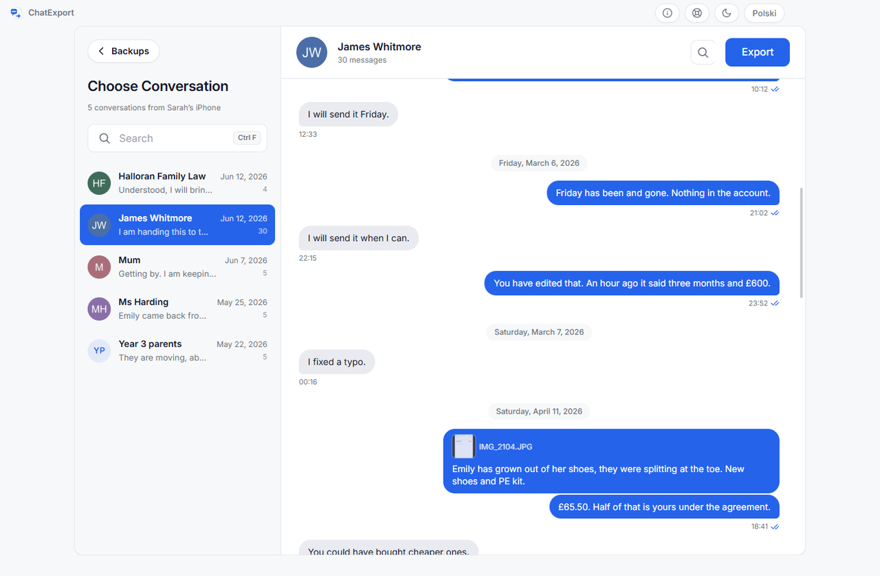 ChatExport showing the demo conversation, including the edited message and the reply challenging it