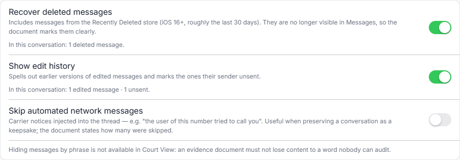The export options: "Recover deleted messages" and "Show edit history", both switched on