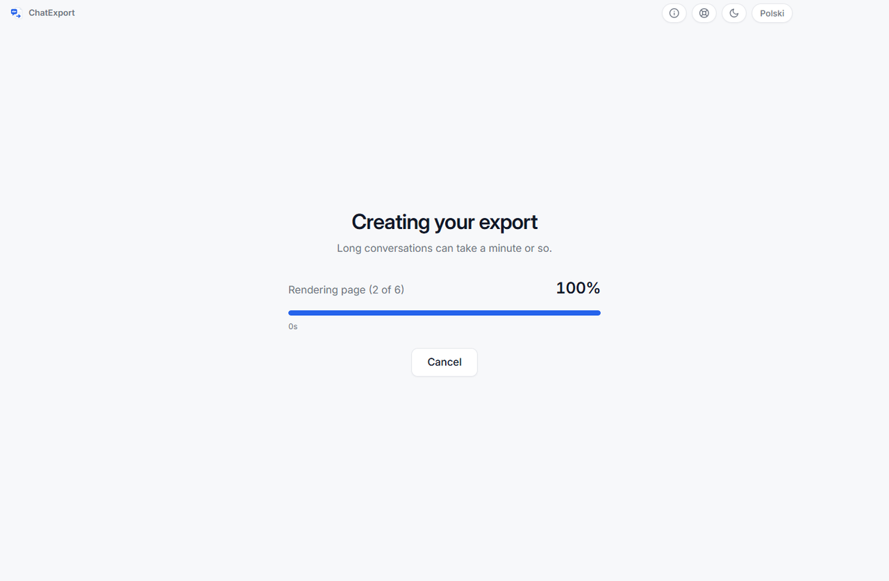 The export running: the current step named as Rendering page 2 of 6, a progress bar, the seconds elapsed, and a Cancel button
