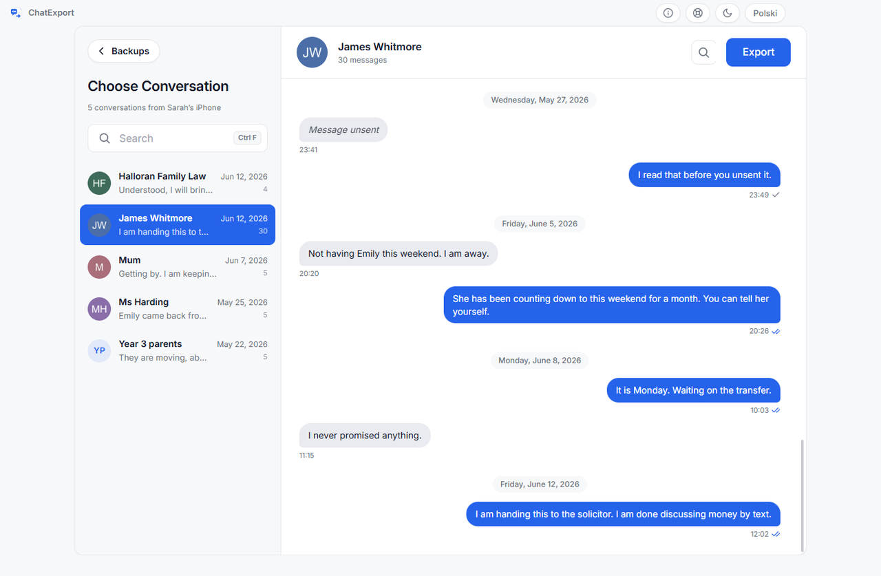 A lista de conversas ao lado da prévia da conversa selecionada