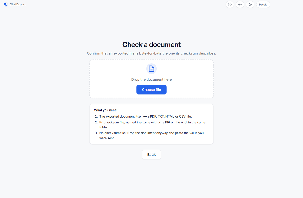 The Check a document screen: an area to drop the exported file, a Choose file button, and the list of what you need, the document and its checksum file
