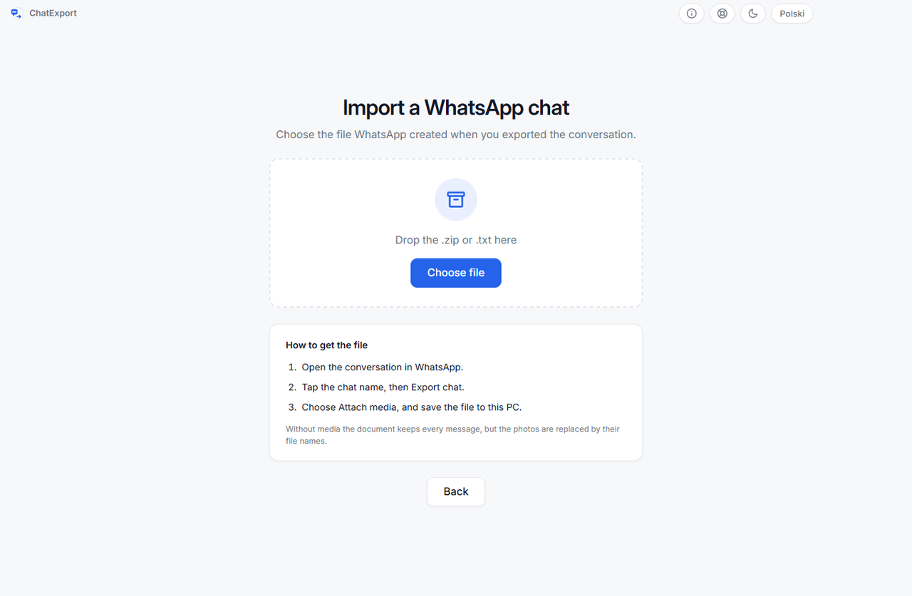 A tela de importação do WhatsApp, com a área para soltar o .zip ou o .txt e a nota de que, sem as mídias, o documento mantém todas as mensagens mas troca as fotos pelos nomes dos arquivos